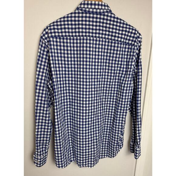EUC Johnston Murphy Textured Cotton Dress Shirt Mens L Blue Check Plaid Button - Picture 3 of 11
